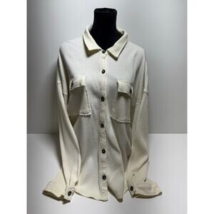 Ivory Waffle Button Up Women’s Shirt Ling Sleeve Sz L Thermal Loose Fit